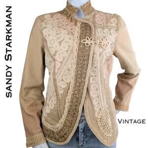 Sandy Starkman Boho Jacket Small Tan Pink Ombre Embroidered Lace Crochet VTG 90s